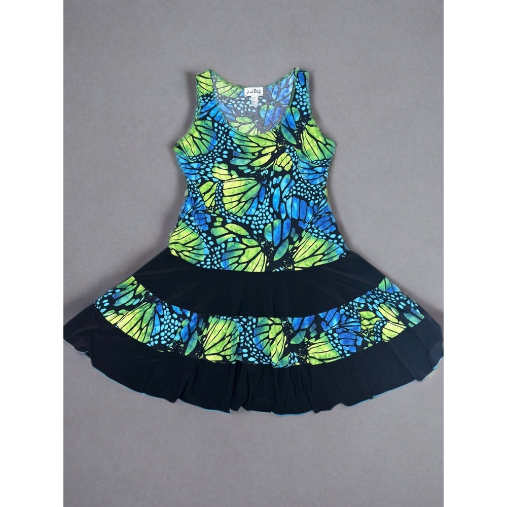 Joseph Ribkoff Butterfly Print Trapeze Dress Plus Sz 14 Blue Green Black Tiered